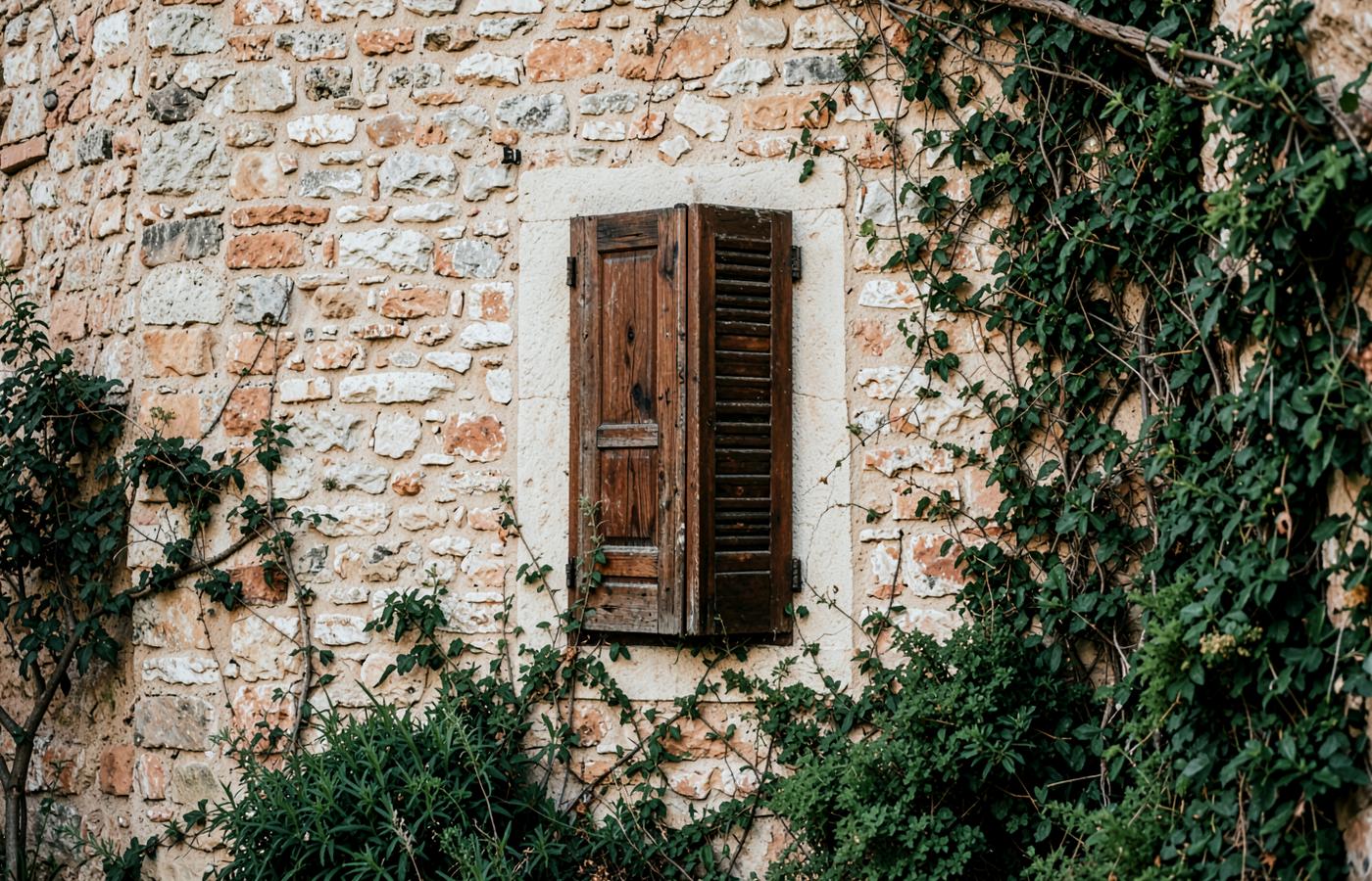 Façade en pierre d'un village corse entourée de maquis